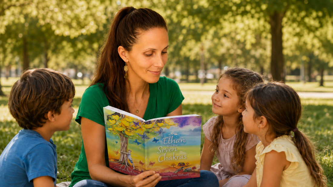 Yvette Farkas reading Ethan and the Seven Chakras to three children in a park